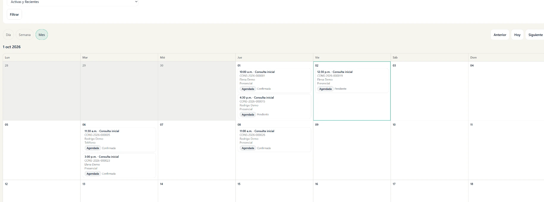Agenda y reservas en Prosper/Legal